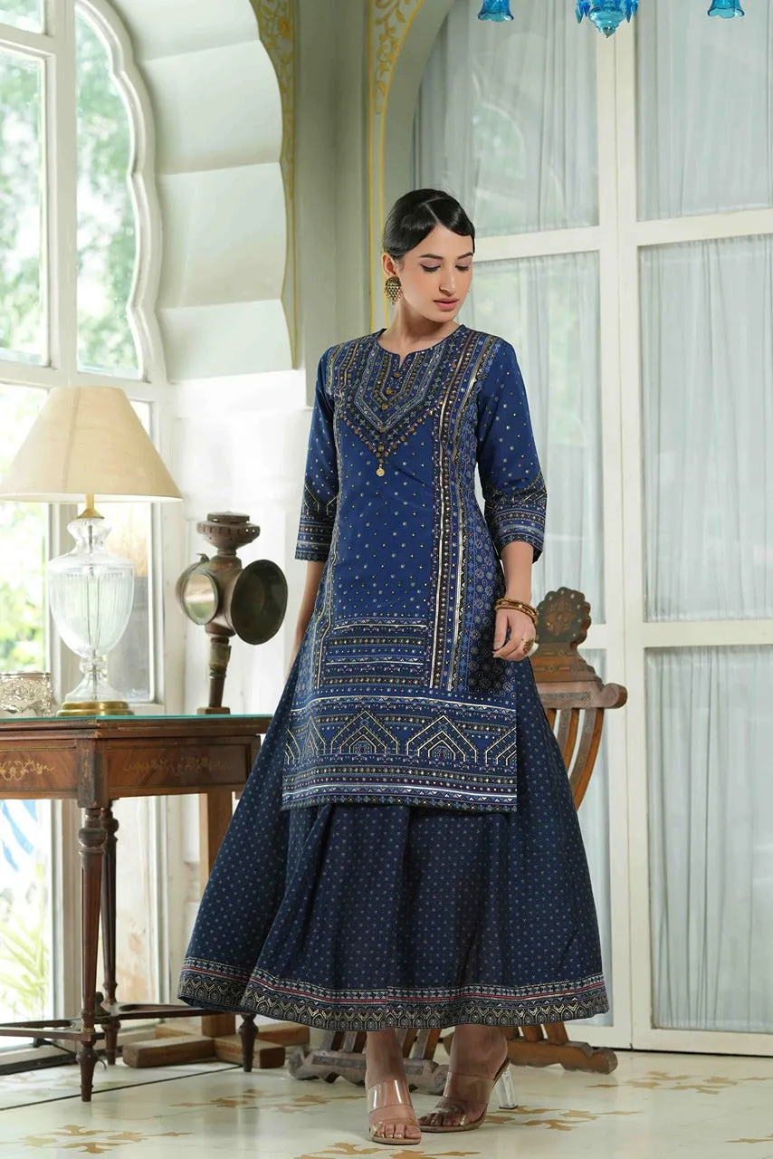 Jashvi Indigo Ethnic Motif Printed Chanderi Layered Dress With Zari Work Embroidery