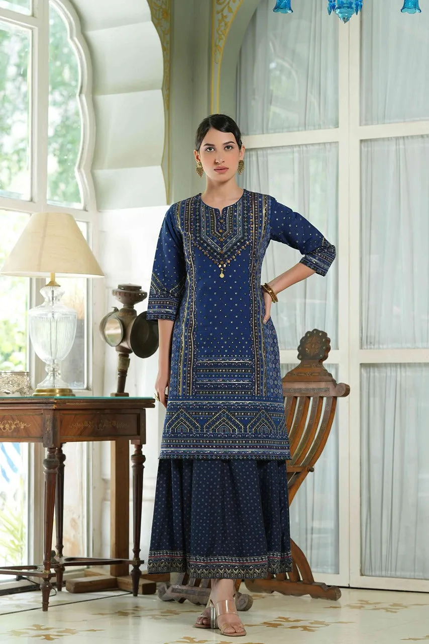 Jashvi Indigo Ethnic Motif Printed Chanderi Layered Dress With Zari Work Embroidery