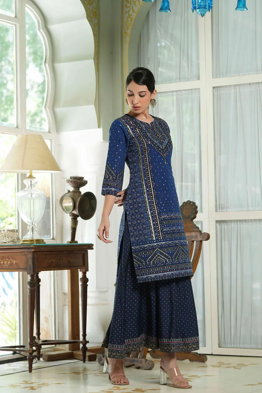 Jashvi Indigo Ethnic Motif Printed Chanderi Layered Dress With Zari Work Embroidery