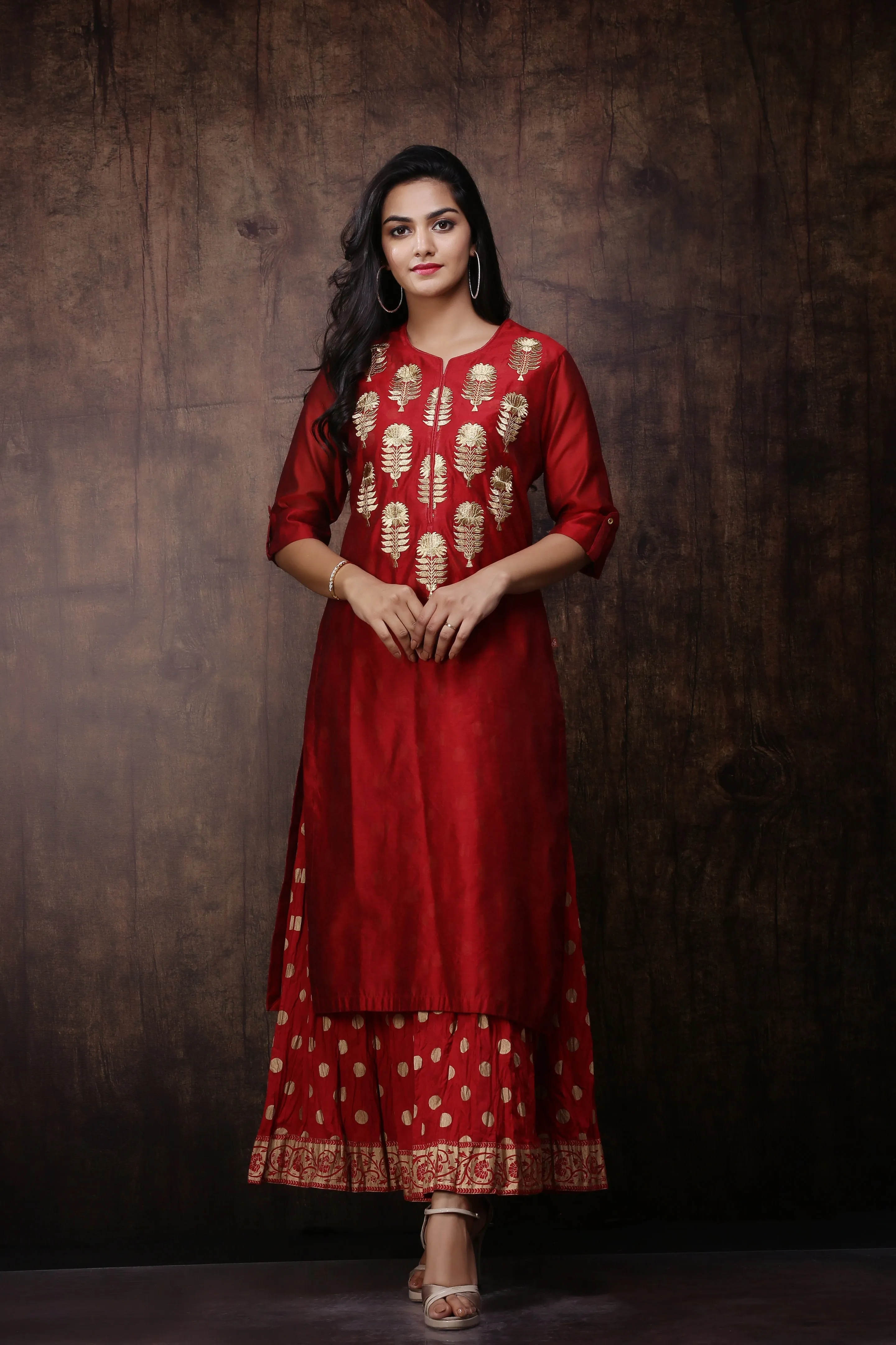 Jashvi Maroon Chanderi Ethnic Motif Printed Layered Maxi Dress With Zari Work Embroidery