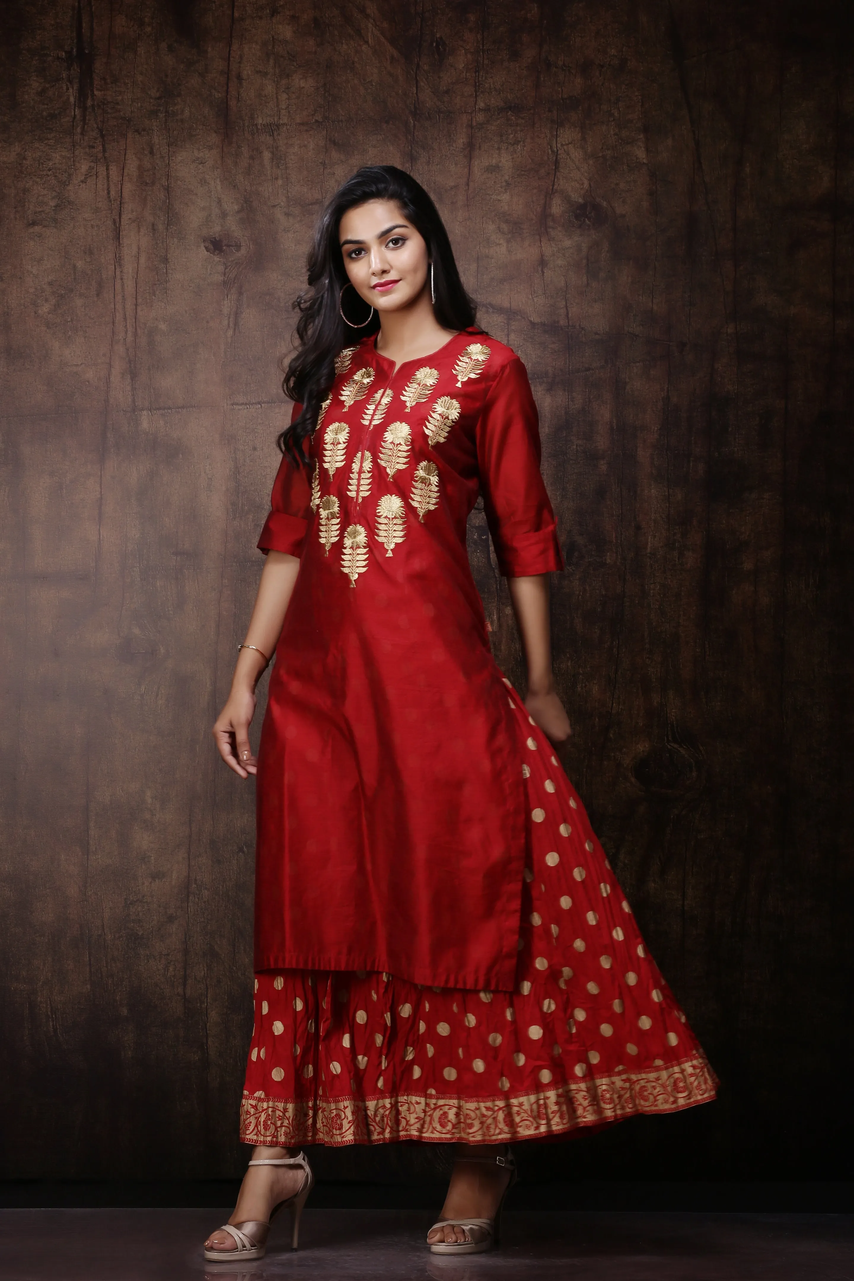 Jashvi Maroon Chanderi Ethnic Motif Printed Layered Maxi Dress With Zari Work Embroidery