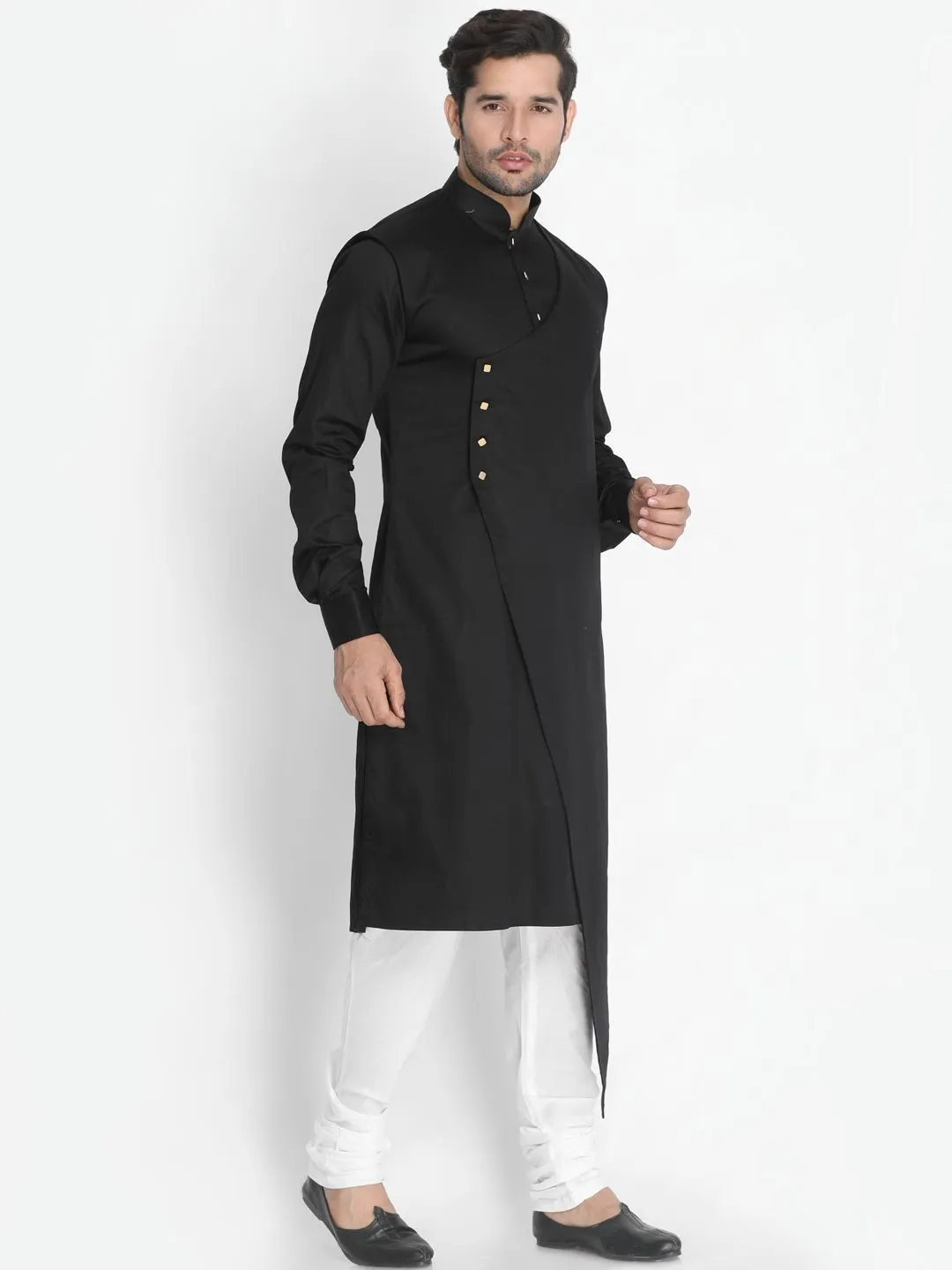 Jashvi Men's Black Cotton Satin Blend Kurta and Churidar Set