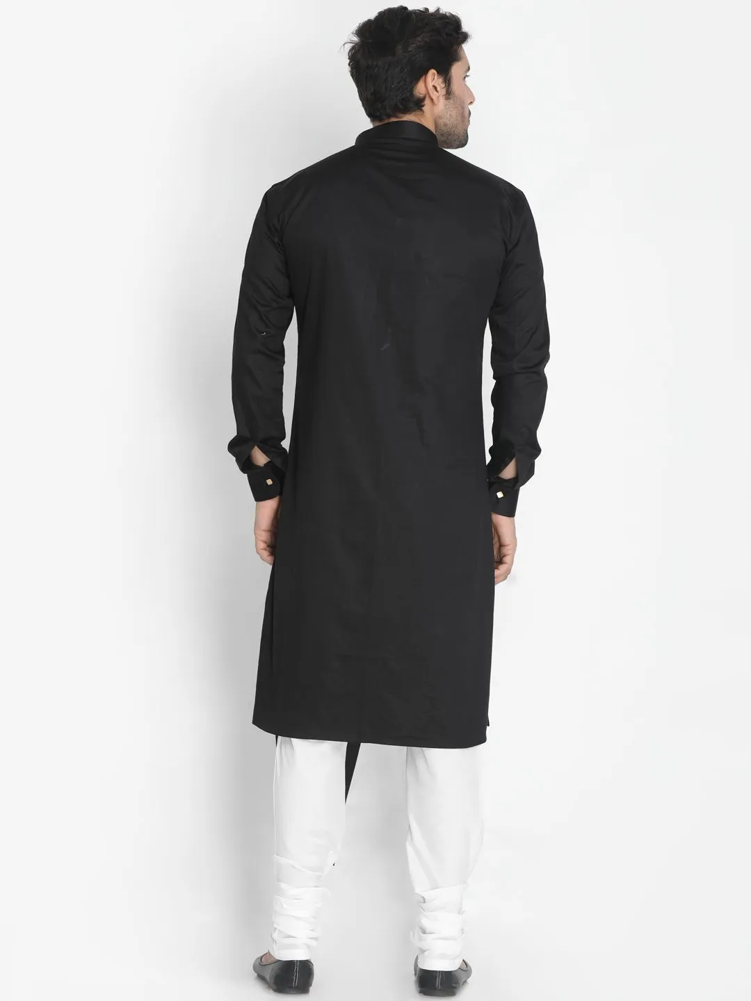 Jashvi Men's Black Cotton Satin Blend Kurta and Churidar Set