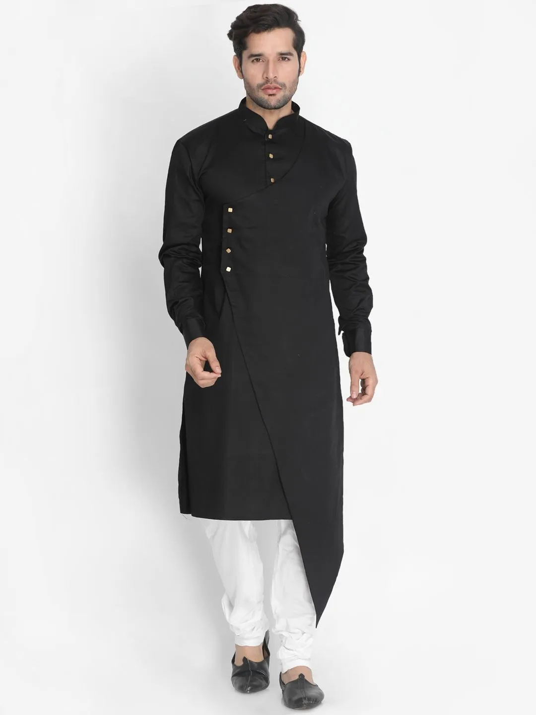 Jashvi Men's Black Cotton Satin Blend Kurta and Churidar Set