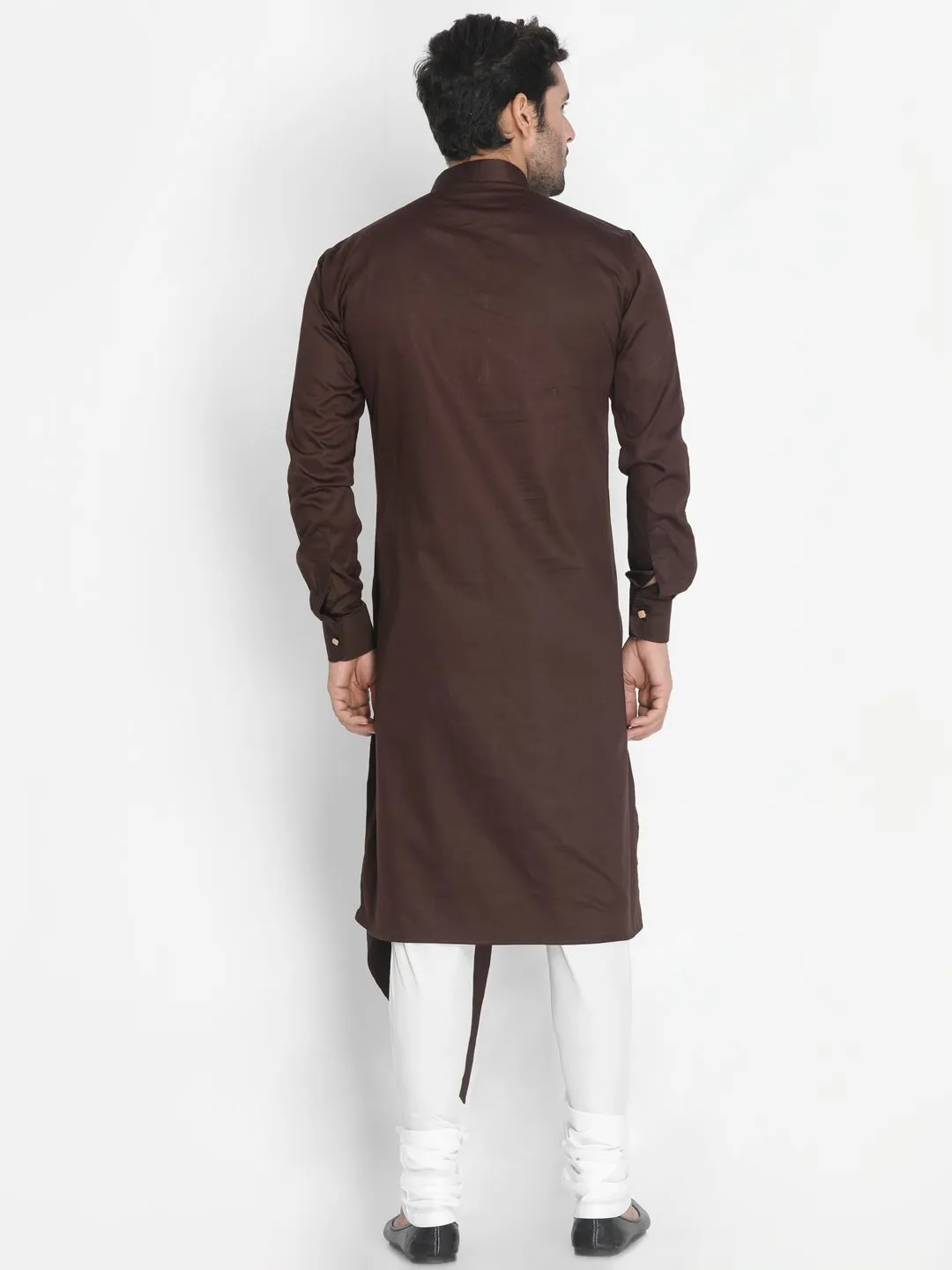 Jashvi Men's Brown Cotton Silk Blend Kurta and Churidar Set