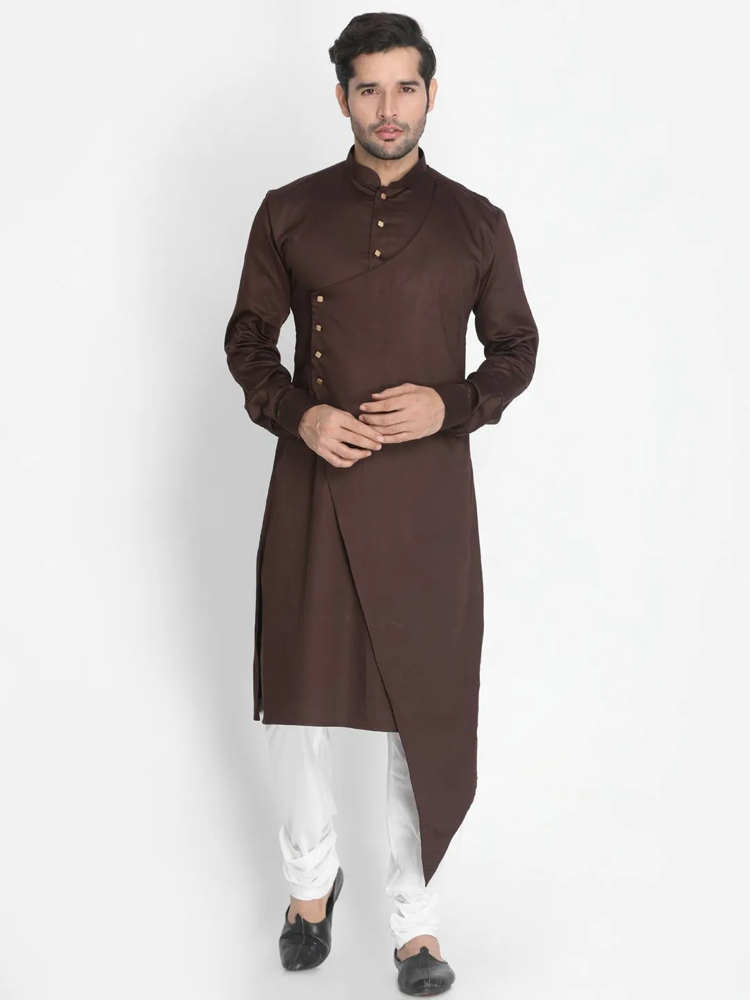 Jashvi Men's Brown Cotton Silk Blend Kurta and Churidar Set