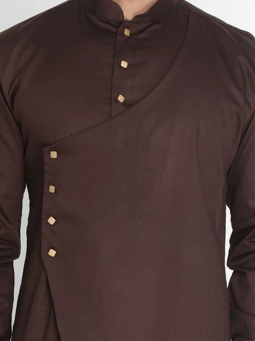 Jashvi Men's Brown Cotton Silk Blend Kurta and Churidar Set