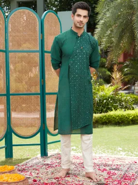 Jashvi Men's Green Sequined Layered Kurta With Cream Pant Style Pyjama Set