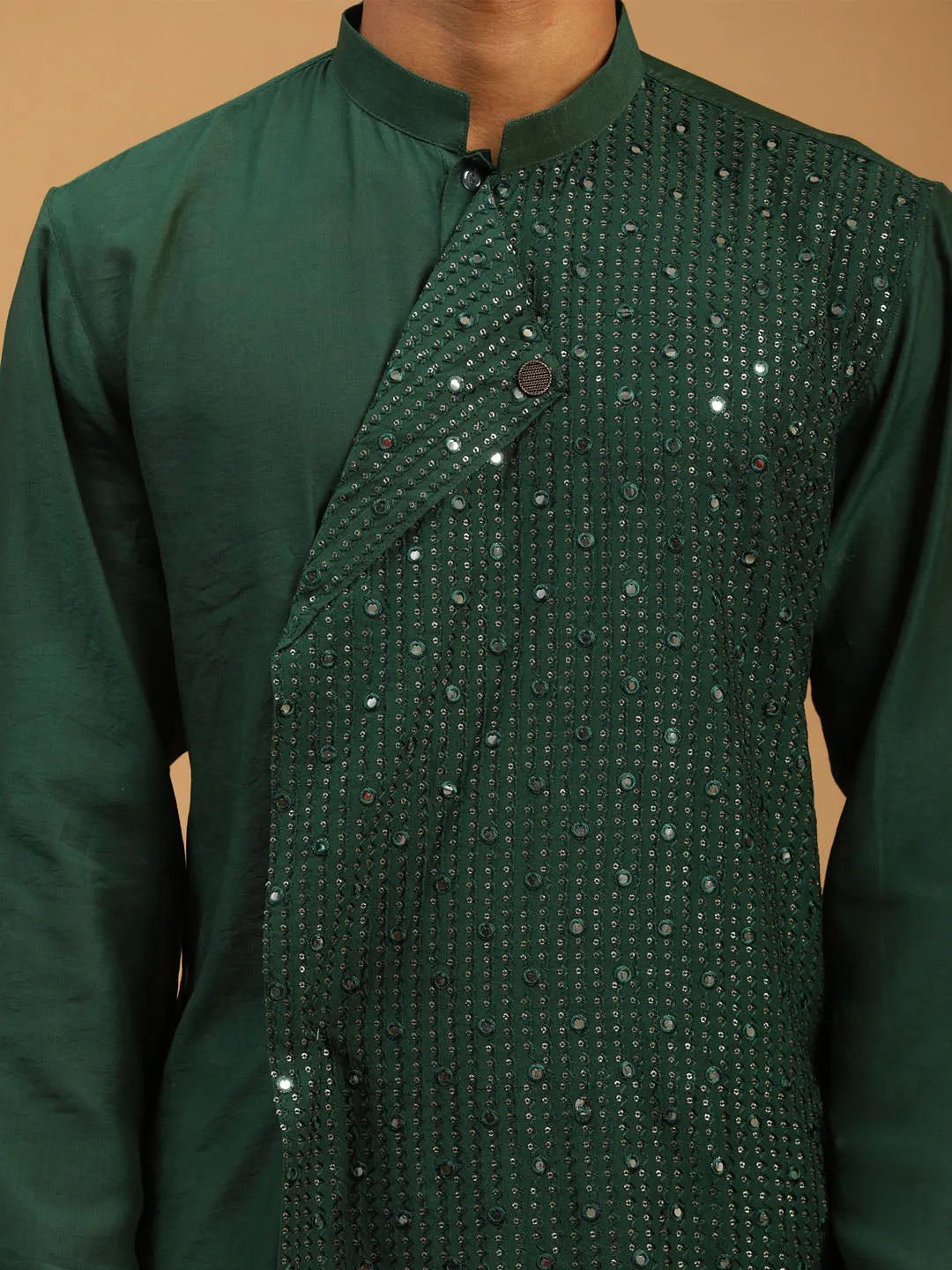 Jashvi Men's Green Sequined Layered Kurta With Cream Pant Style Pyjama Set