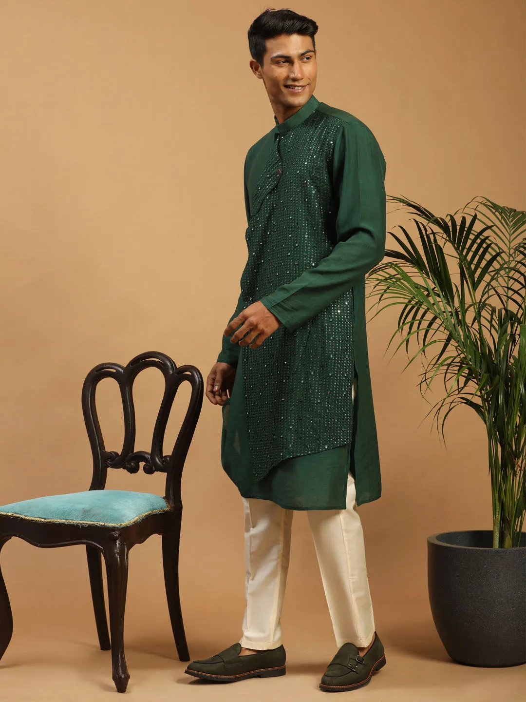 Jashvi Men's Green Sequined Layered Kurta With Cream Pant Style Pyjama Set