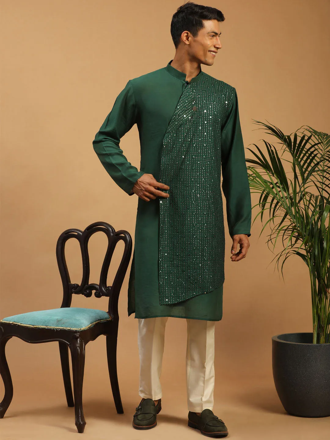 Jashvi Men's Green Sequined Layered Kurta With Cream Pant Style Pyjama Set