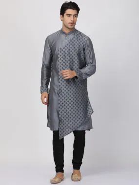 Jashvi Men's Grey Cotton Silk Blend Kurta and Churidar Set