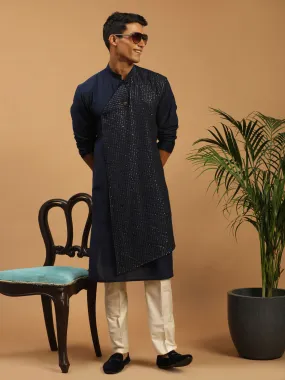 Jashvi Men's Navy Blue Sequined Layered Kurta With Cream Pant Style Pyjama Set