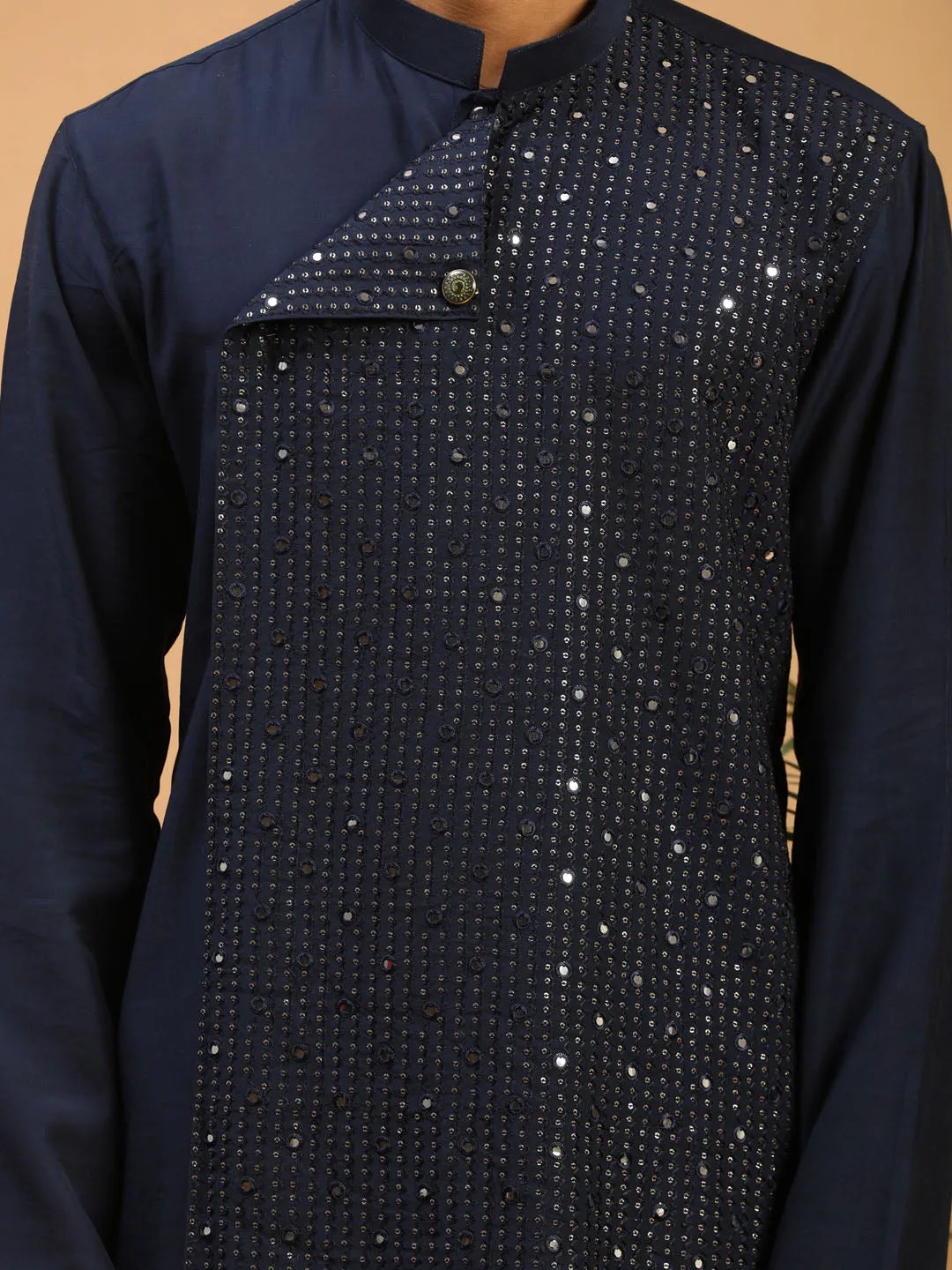 Jashvi Men's Navy Blue Sequined Layered Kurta With Cream Pant Style Pyjama Set