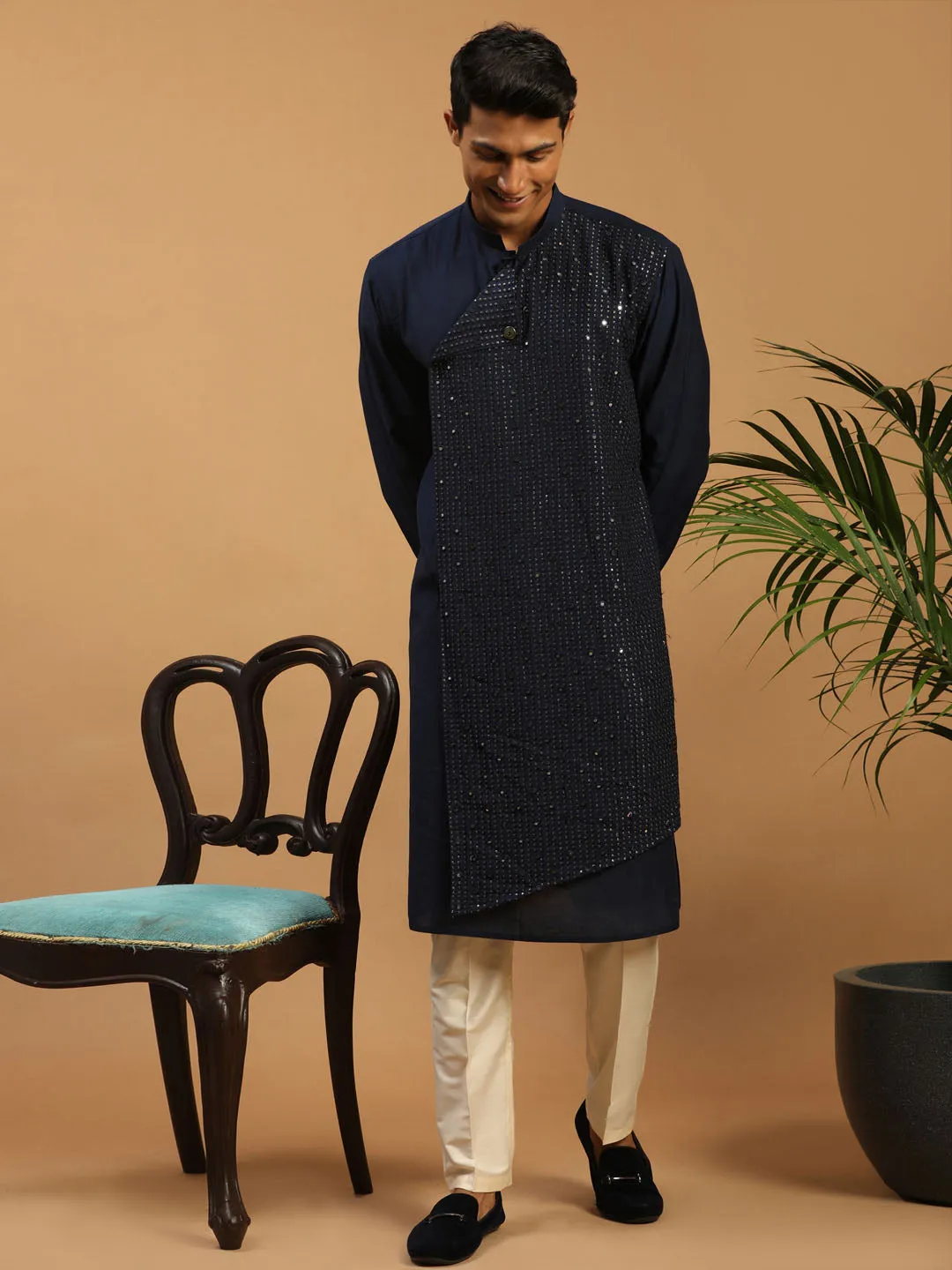 Jashvi Men's Navy Blue Sequined Layered Kurta With Cream Pant Style Pyjama Set