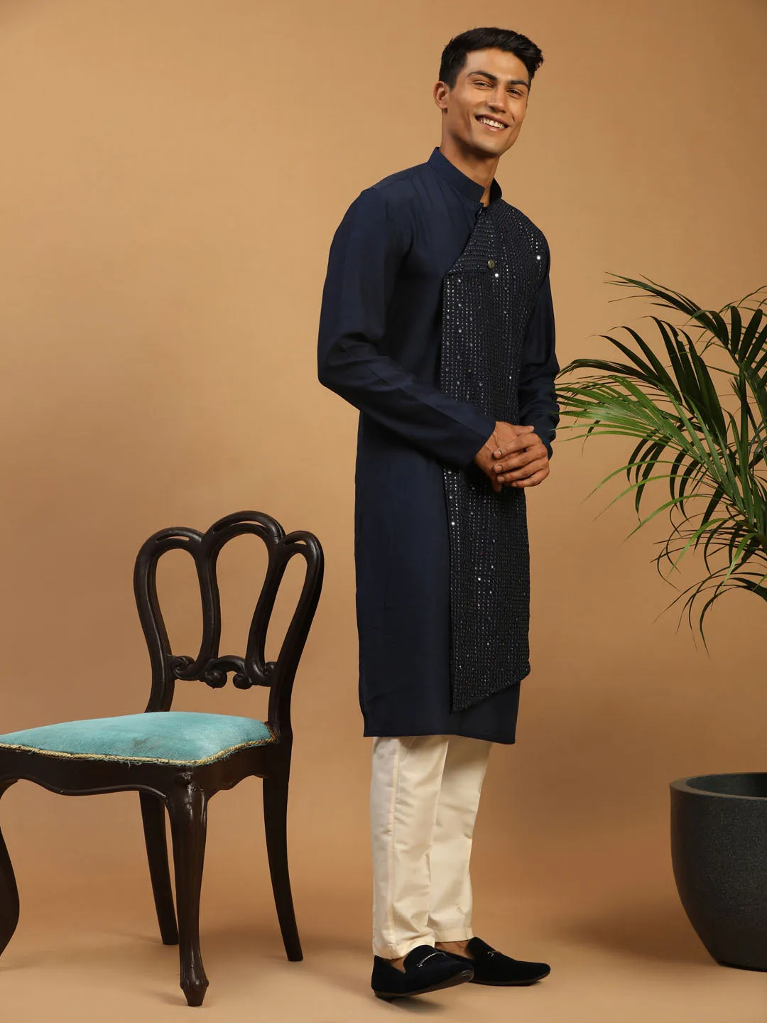 Jashvi Men's Navy Blue Sequined Layered Kurta With Cream Pant Style Pyjama Set