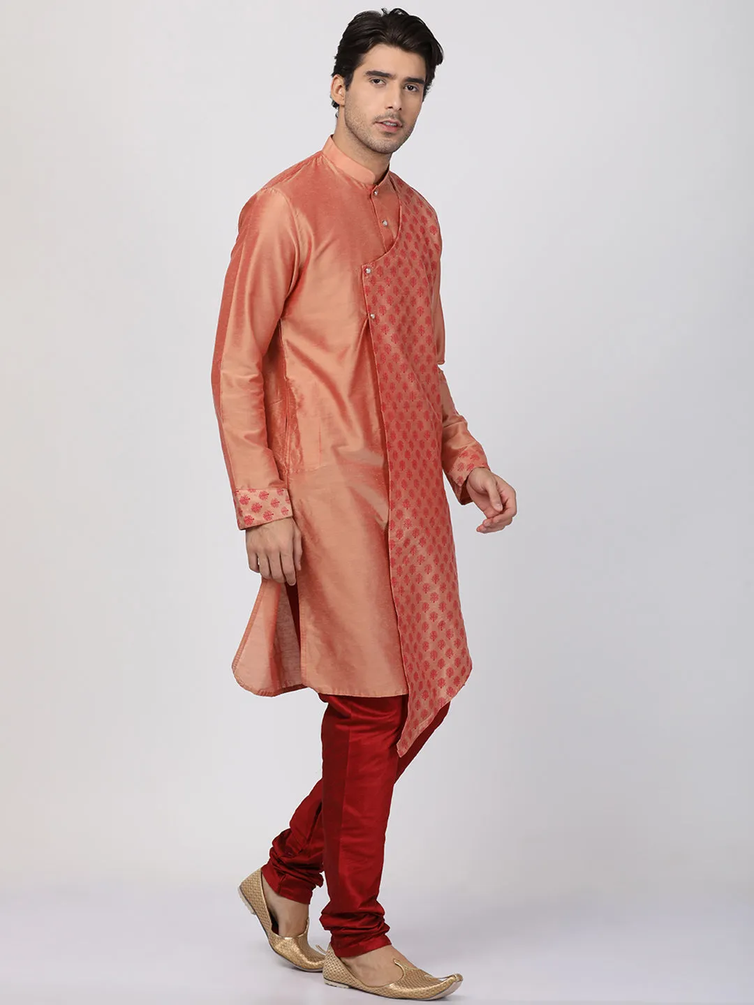 Jashvi Men's Peach Cotton Silk Blend Kurta and Churidar Set