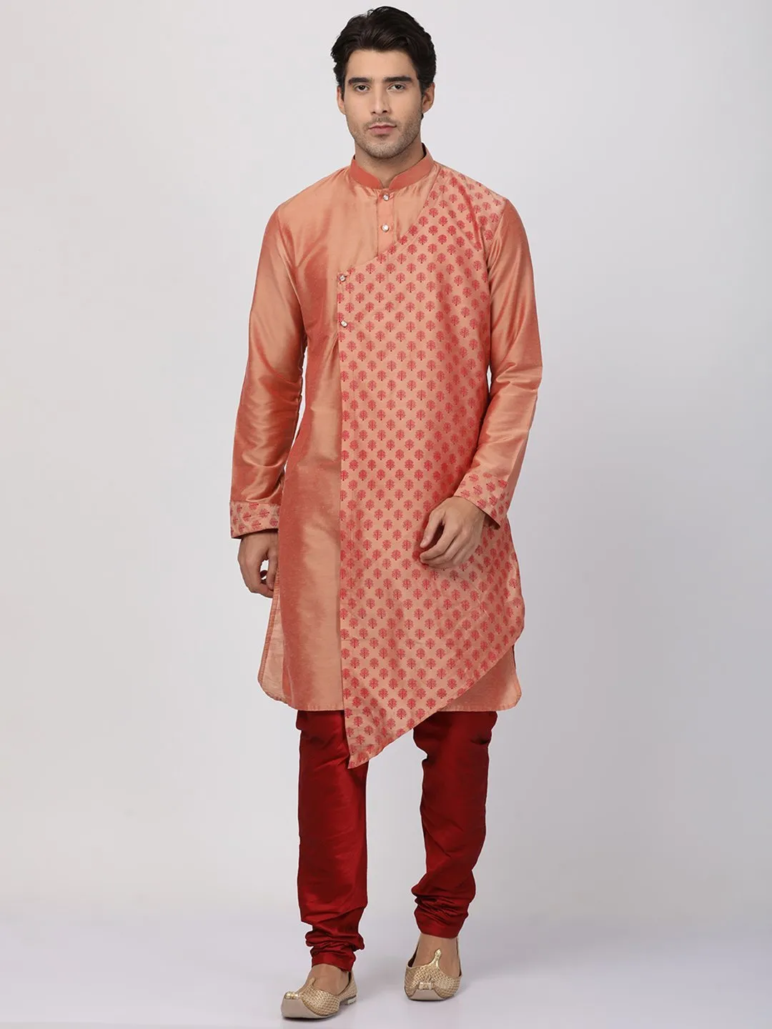 Jashvi Men's Peach Cotton Silk Blend Kurta and Churidar Set