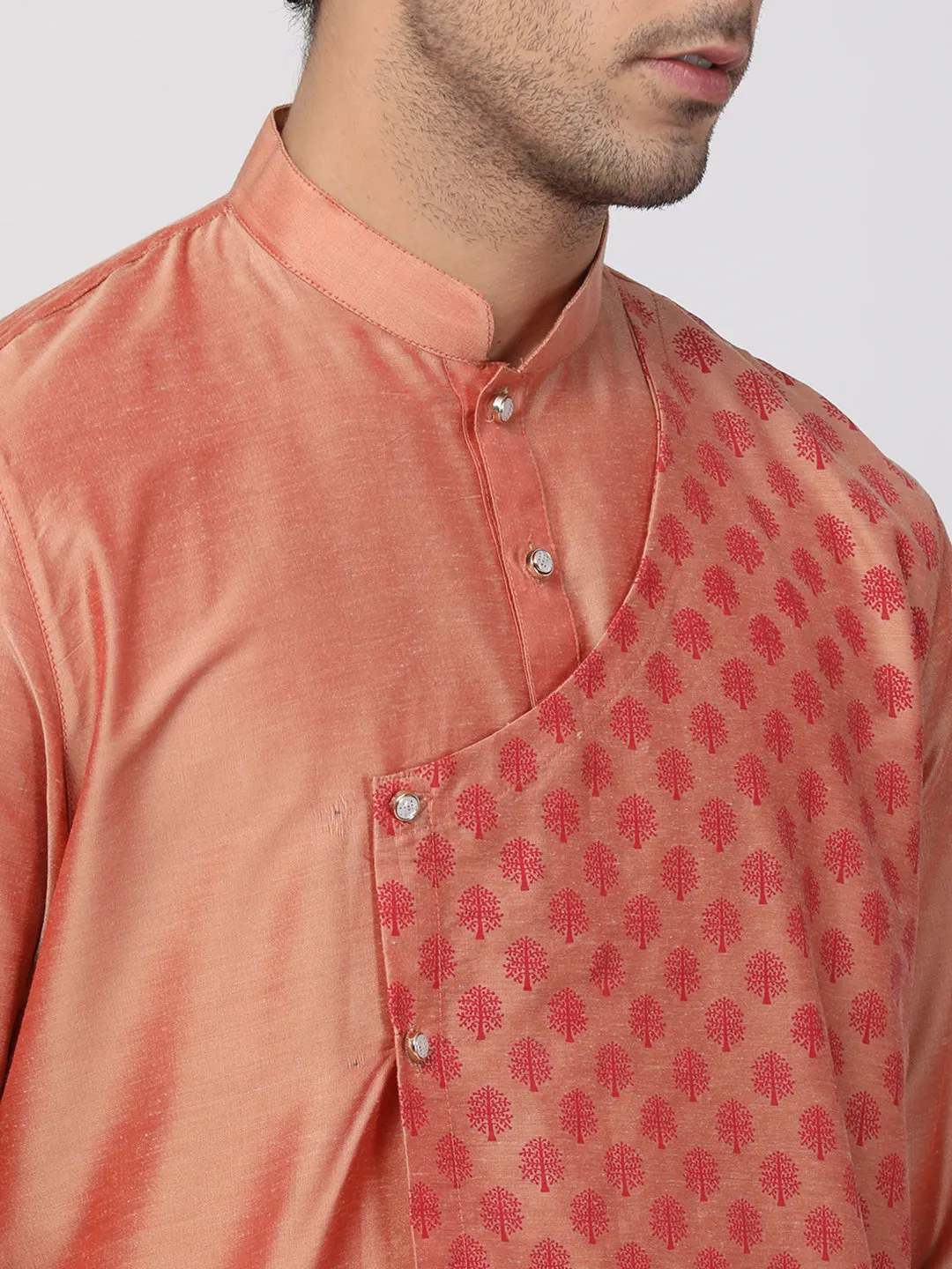 Jashvi Men's Peach Cotton Silk Blend Kurta and Churidar Set