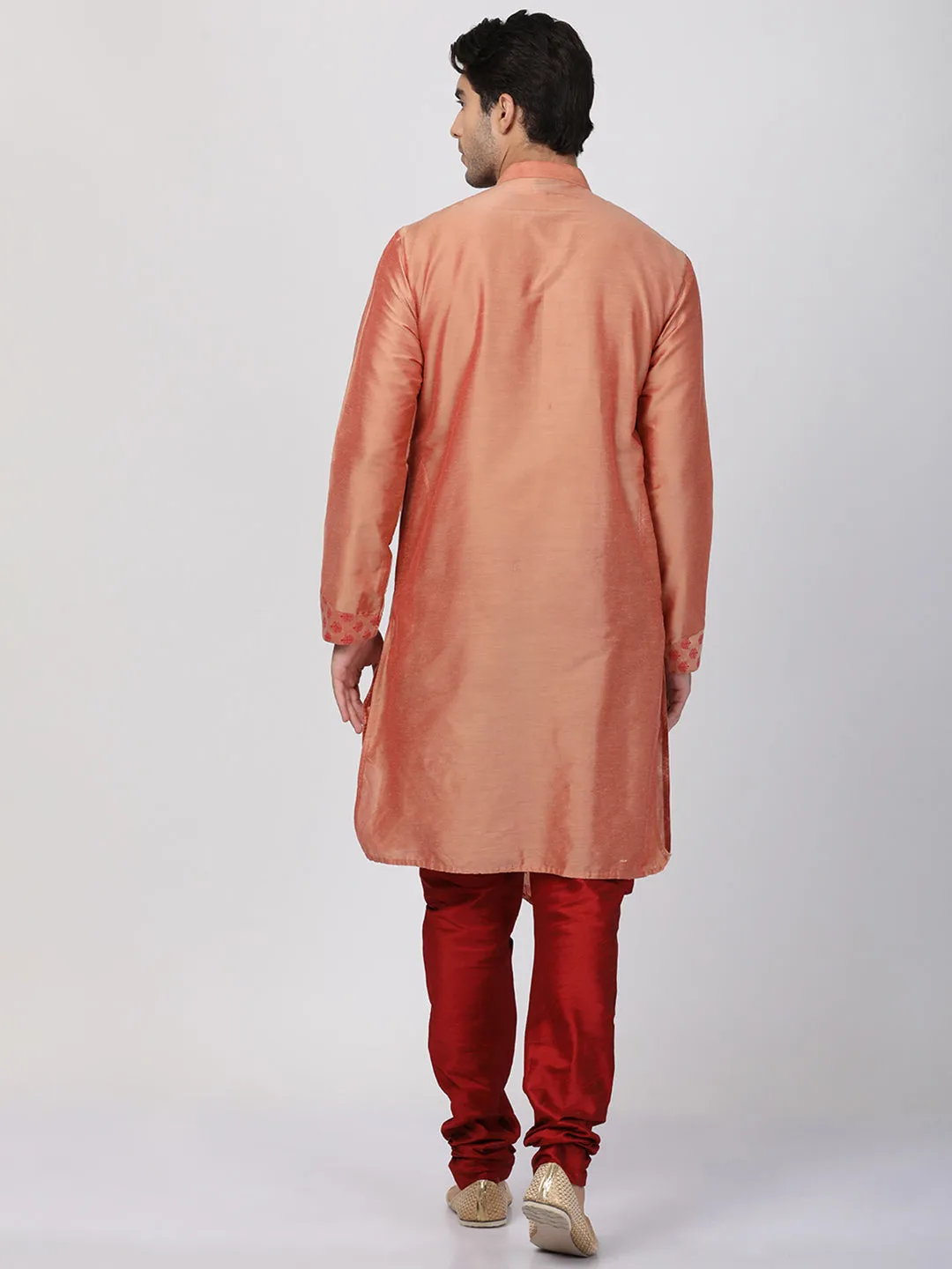 Jashvi Men's Peach Cotton Silk Blend Kurta and Churidar Set