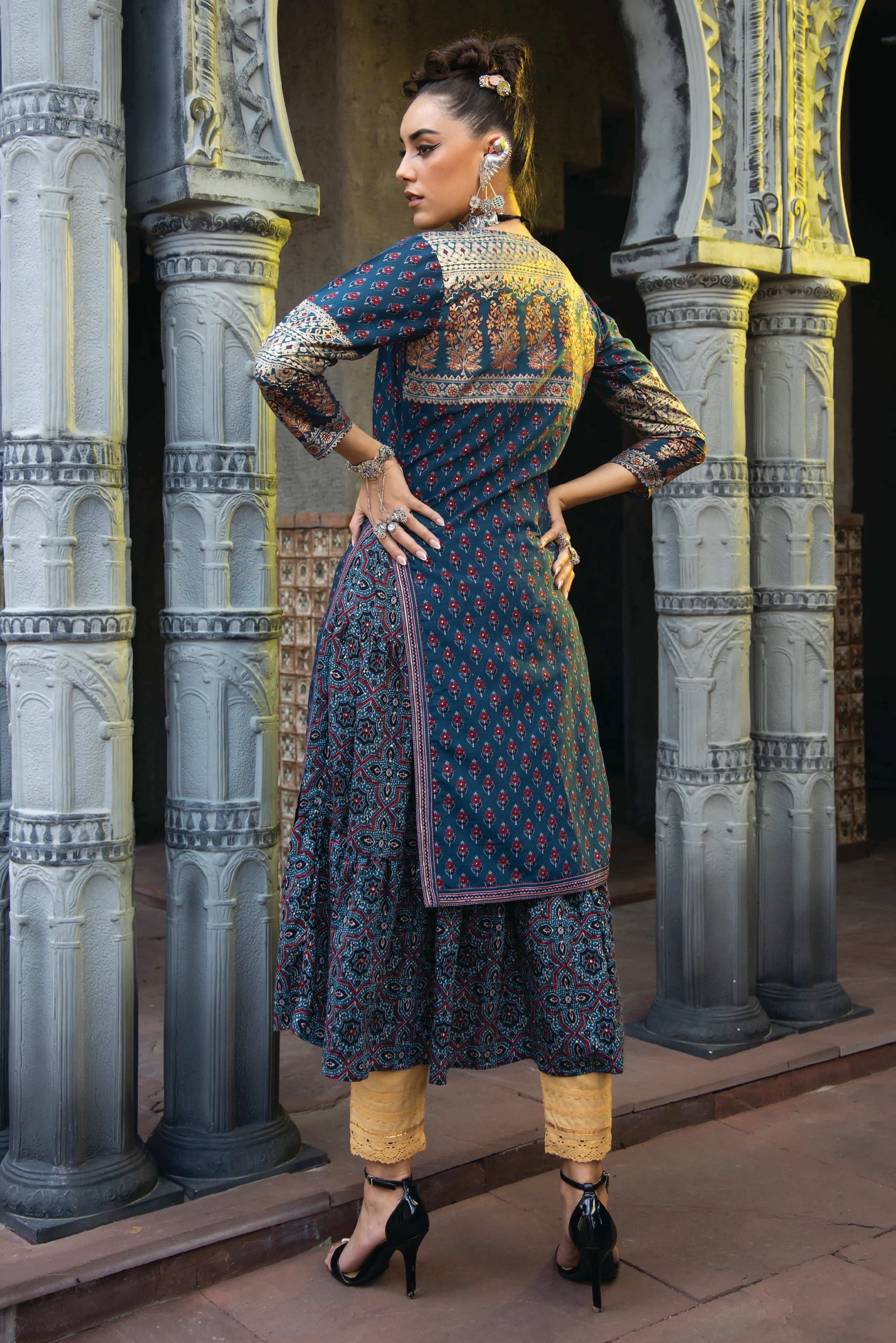 Jashvi Teal Ethnic Motif Printed Chanderi Layered Maxi Dress With Zari Work Embroidery