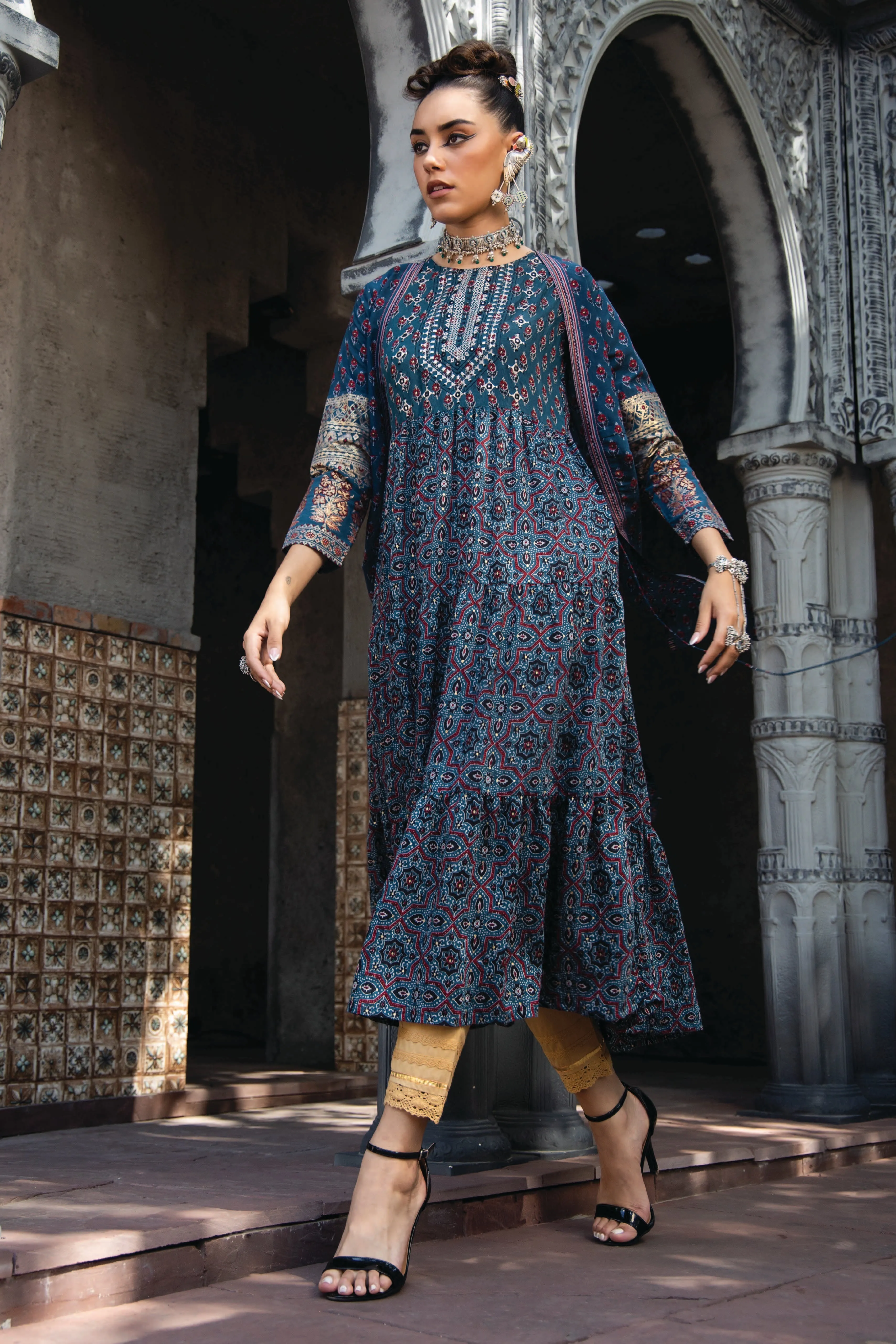 Jashvi Teal Ethnic Motif Printed Chanderi Layered Maxi Dress With Zari Work Embroidery