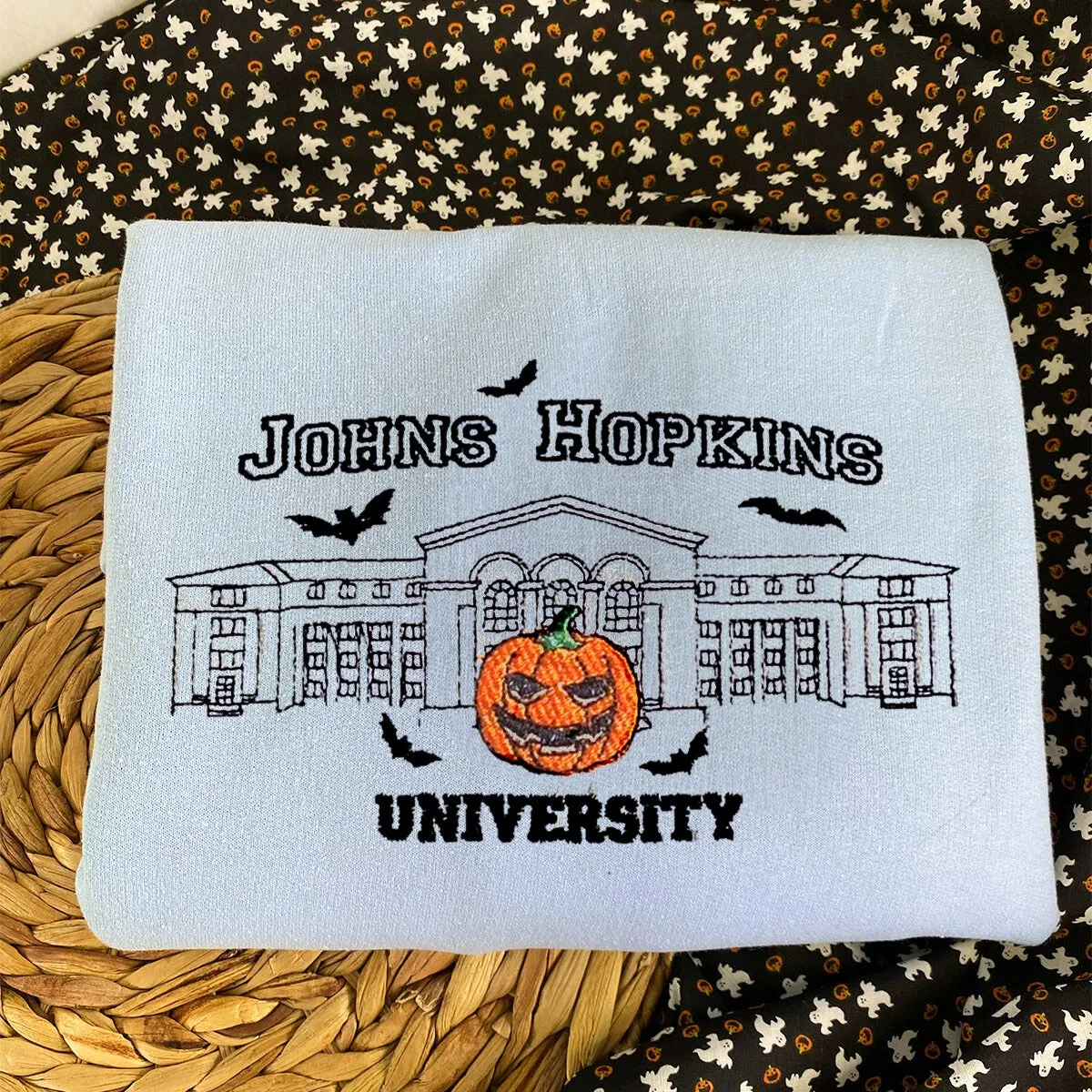 Johns Hopkins University Sweatshirt, Embroidered Halloween Sweatshirt