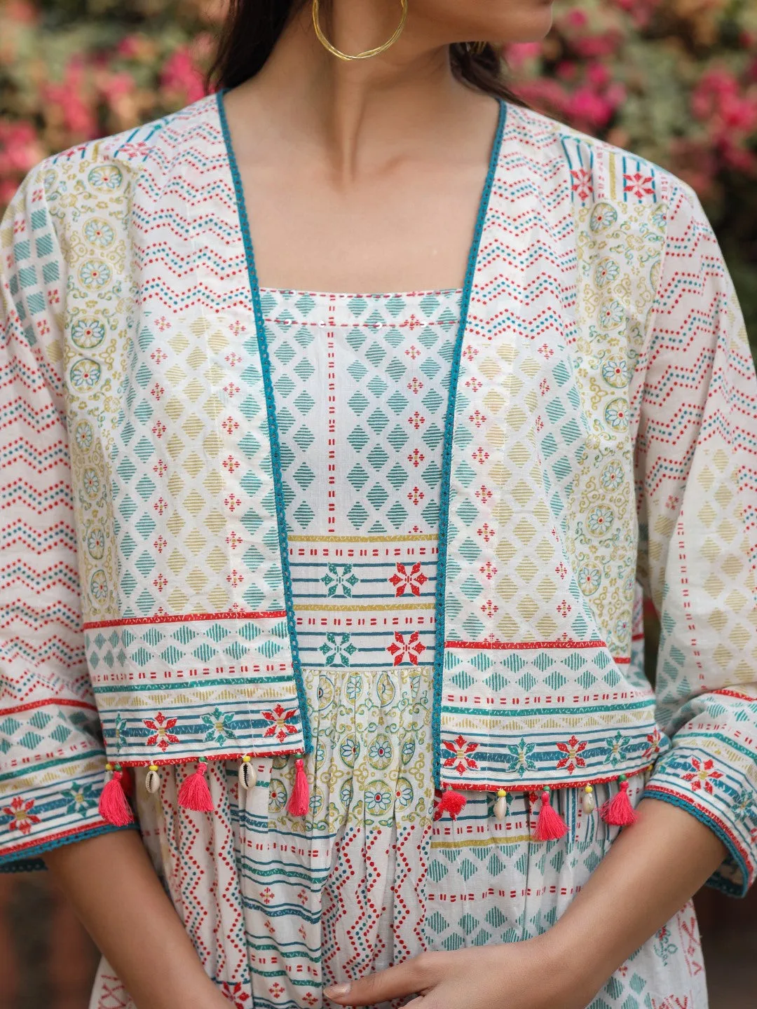 Juniper Ivory Patch Printed Pure Cotton Lacy Dress With Shrug