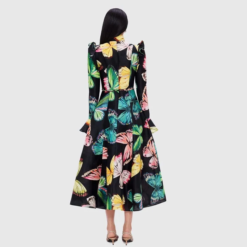 Katrina Butterfly Sleeve Midi Dress - Papillon Print in Black - AU8