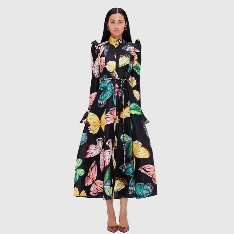 Katrina Butterfly Sleeve Midi Dress - Papillon Print in Black - AU8