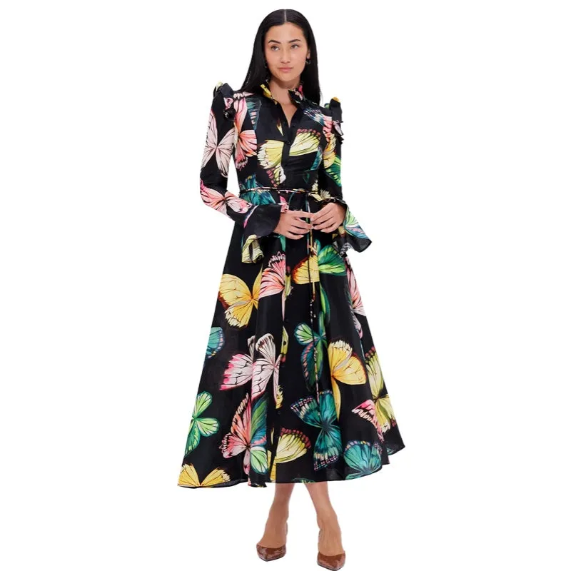 Katrina Butterfly Sleeve Midi Dress - Papillon Print in Black - AU8