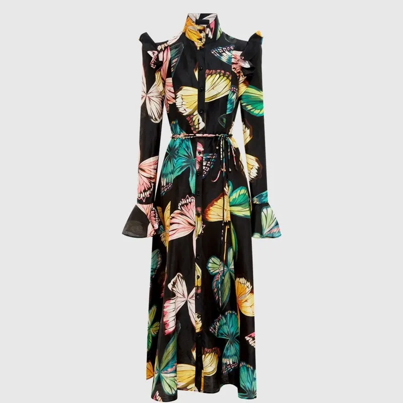 Katrina Butterfly Sleeve Midi Dress - Papillon Print in Black - AU8