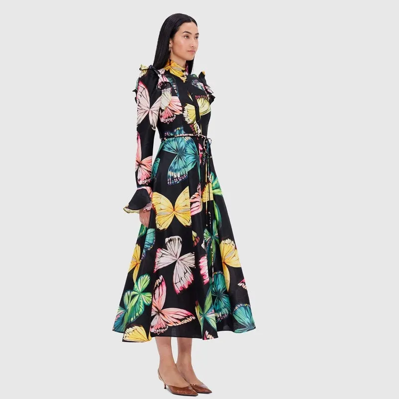 Katrina Butterfly Sleeve Midi Dress - Papillon Print in Black - AU8