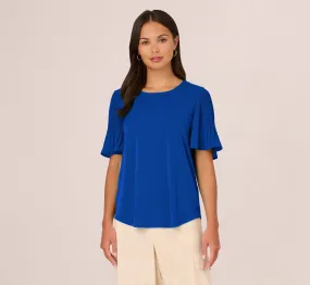 Knit Crepe Top With Pleated Sleeves In Rich Royal