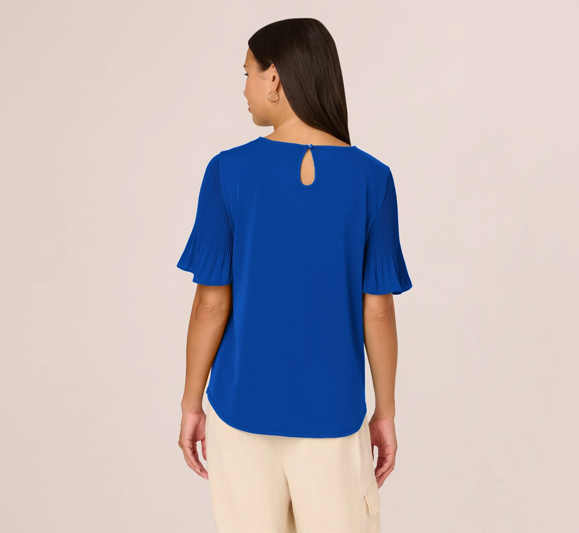 Knit Crepe Top With Pleated Sleeves In Rich Royal