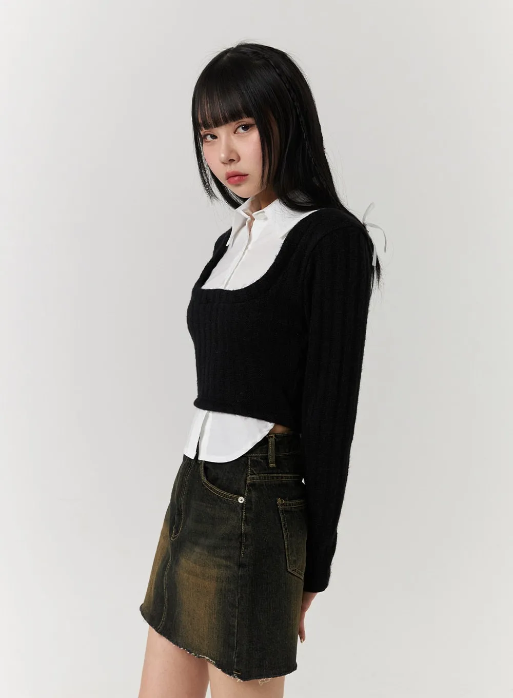 Layered Shirt Buttoned Crop Top CJ404