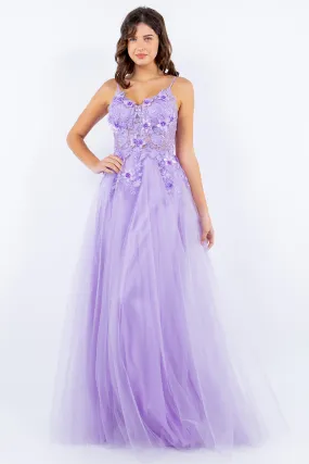 Layered Tulle Embroidered Bodice Long Prom Dress