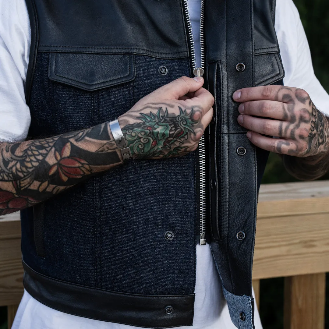 Legacy of Legends 'Denim Downshift'  Blue Denim & Black Leather Cropped Motorcycle Vest