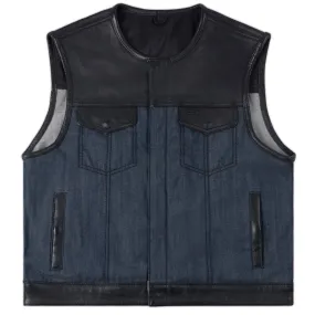 Legacy of Legends 'Denim Downshift'  Blue Denim & Black Leather Cropped Motorcycle Vest