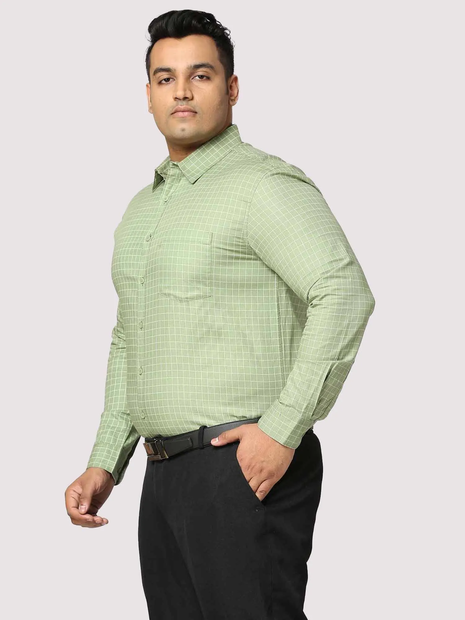 Light Green Checkered Full Shirt Men's Plus Size