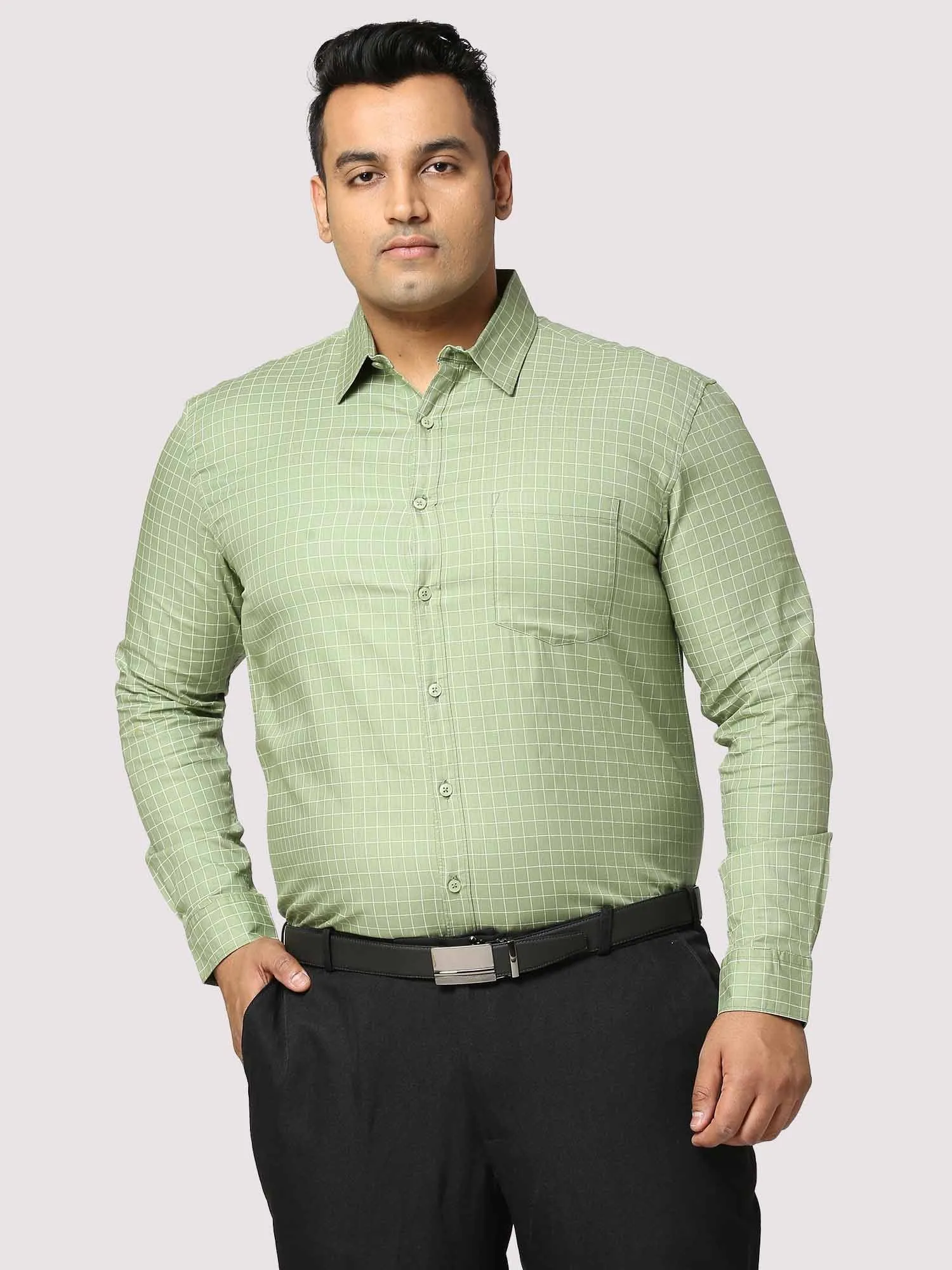 Light Green Checkered Full Shirt Men's Plus Size