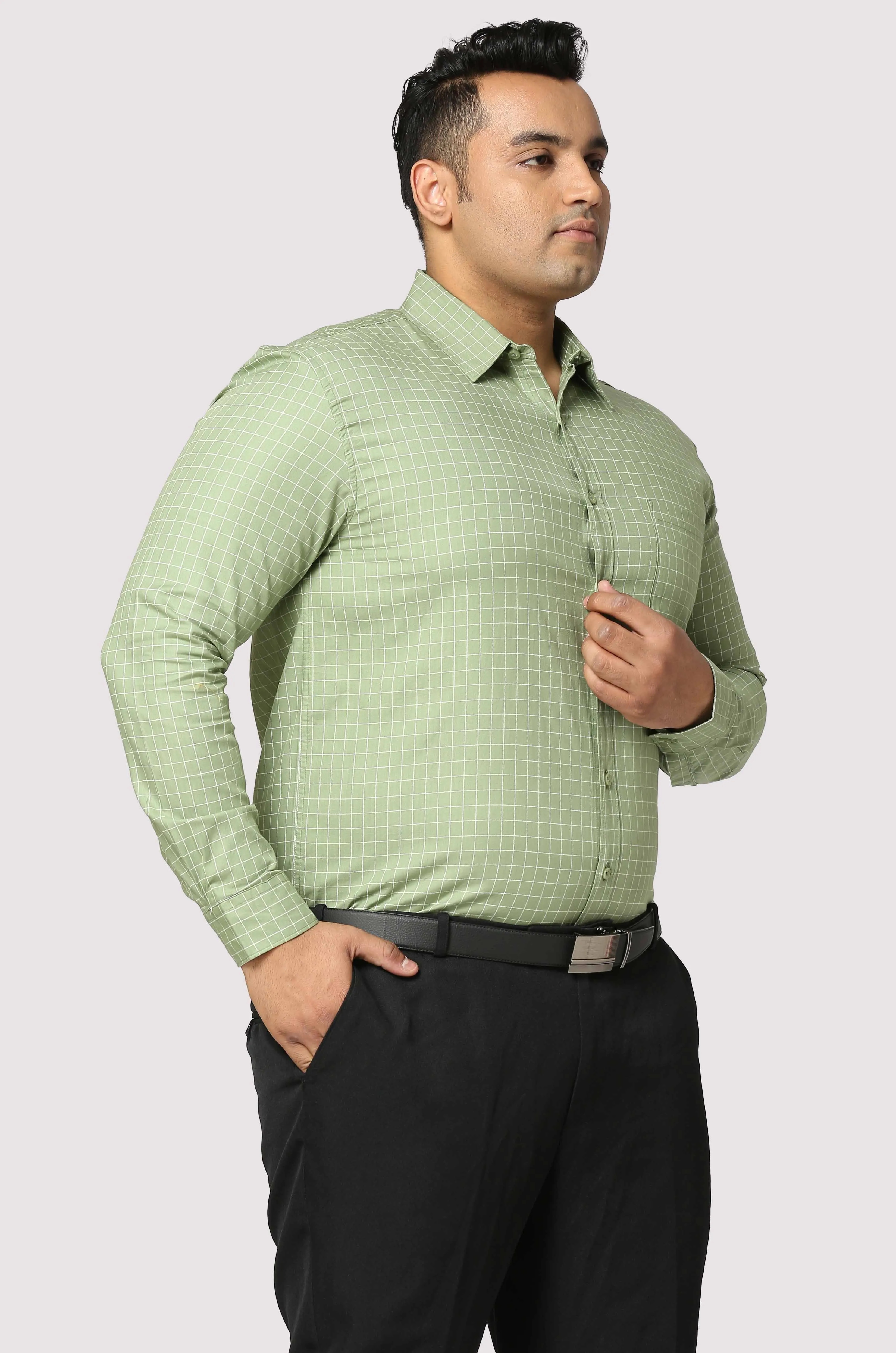 Light Green Checkered Full Shirt Men's Plus Size