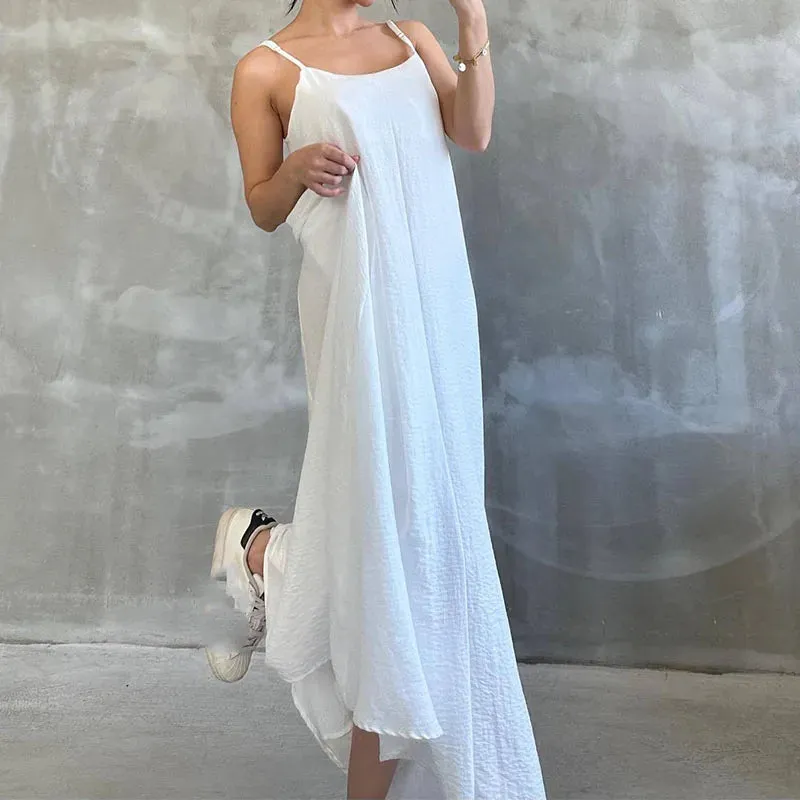 Linen Solid Spaghetti Strap O-neck High Waist Robe Pleated Summer Cotton Dress