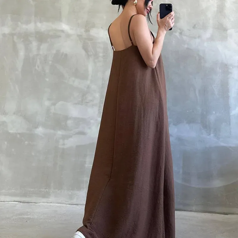 Linen Solid Spaghetti Strap O-neck High Waist Robe Pleated Summer Cotton Dress