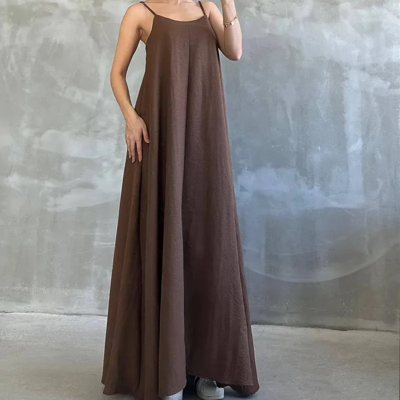 Linen Solid Spaghetti Strap O-neck High Waist Robe Pleated Summer Cotton Dress