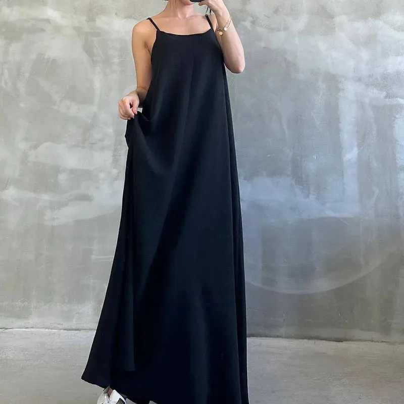 Linen Solid Spaghetti Strap O-neck High Waist Robe Pleated Summer Cotton Dress