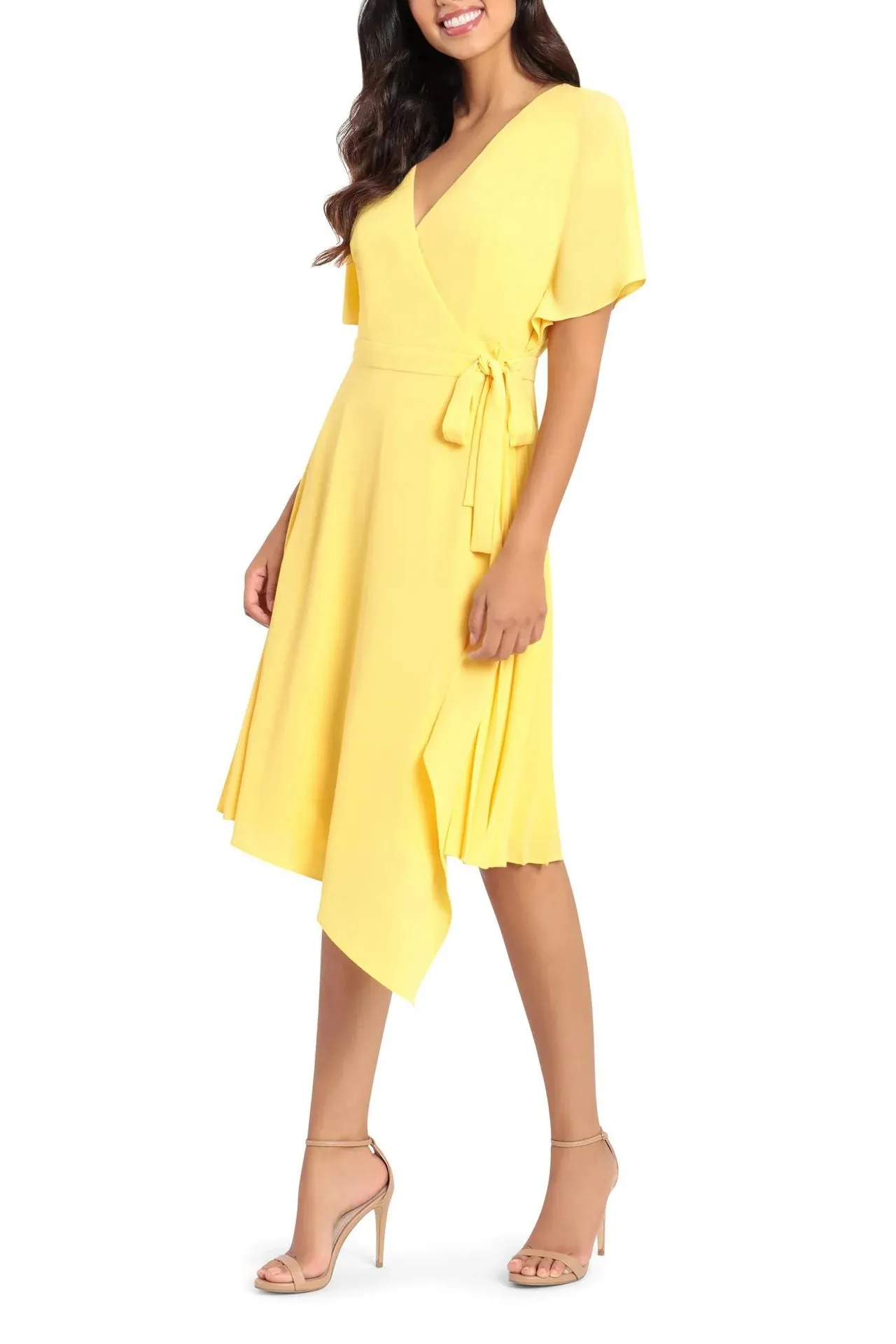 Maggy London Surplice V-Neck Short Sleeves Midi Crepe Dress