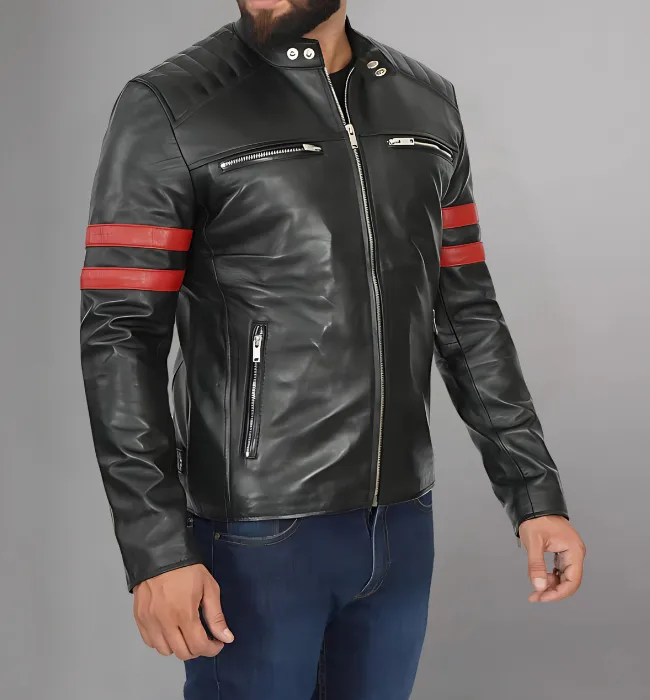 Mens Black Quilted Red Stripe Cafe Racer Leather Motorcycle Jacket