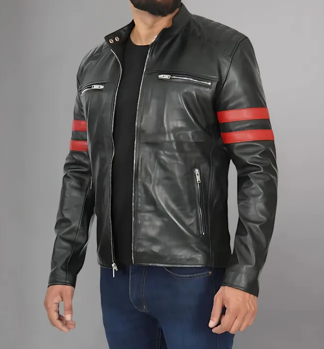 Mens Black Quilted Red Stripe Cafe Racer Leather Motorcycle Jacket