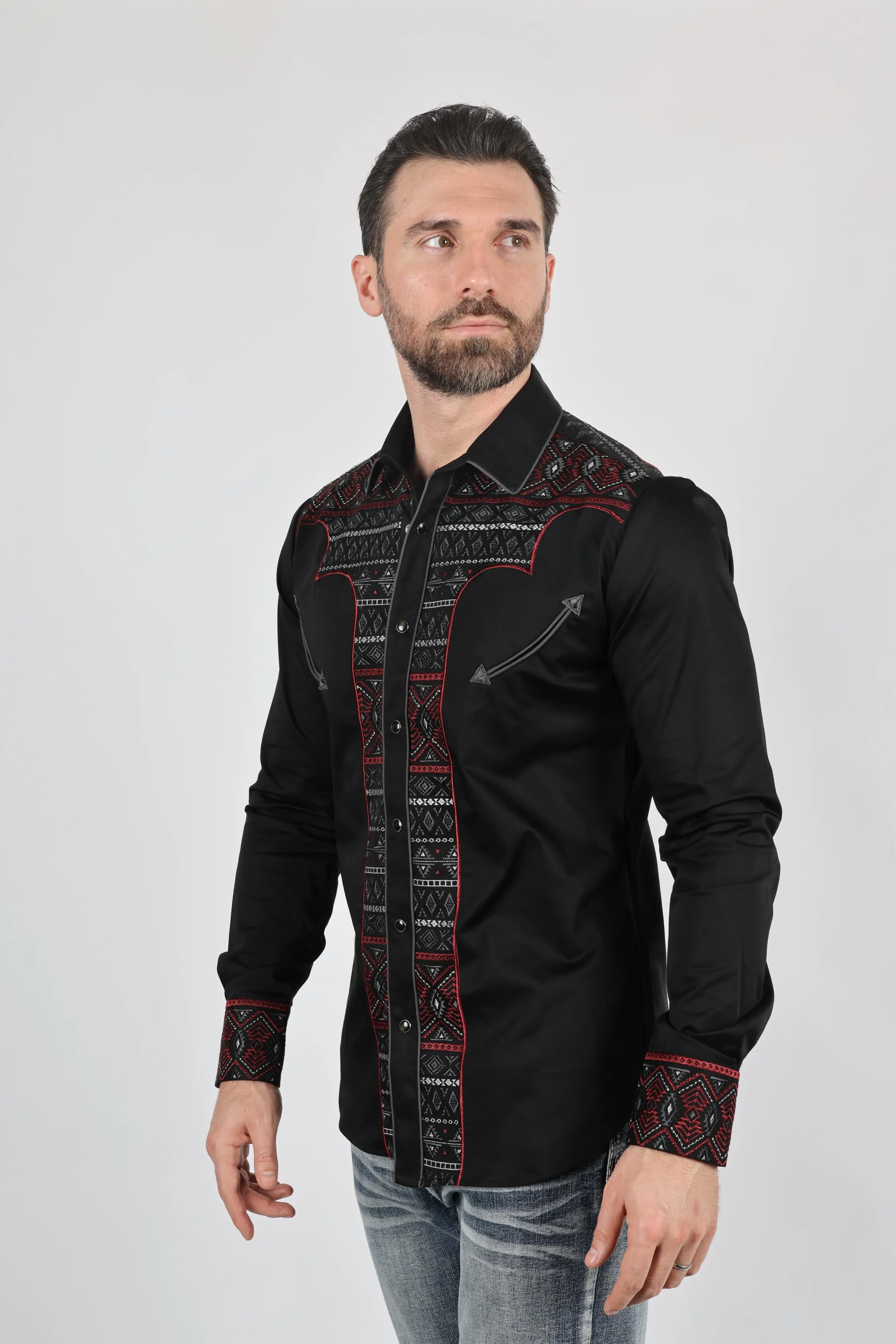 Mens Modern Fit Stretch Multi-Color Aztec Embroidery Shirt